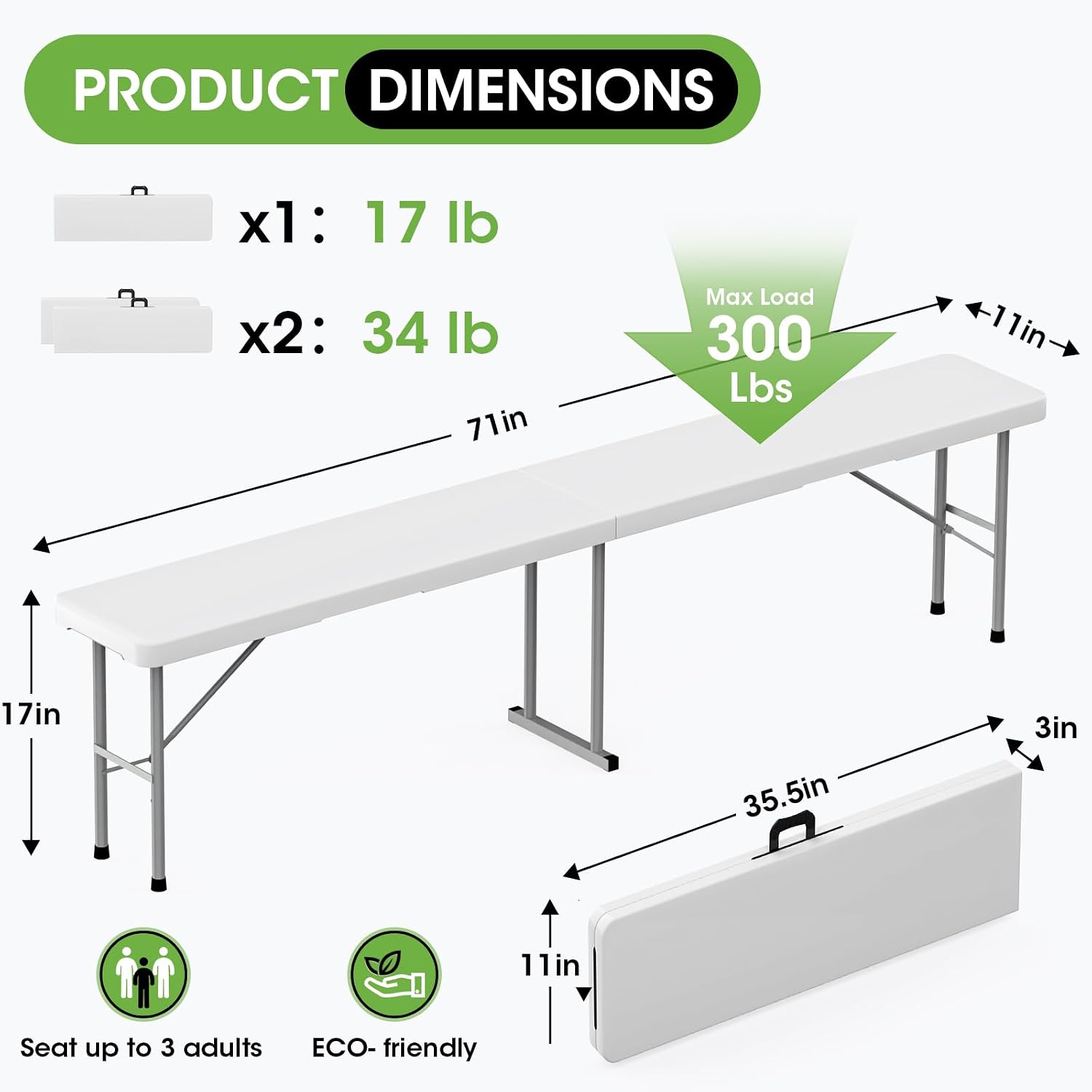 Folding Bench 6 ft, 2Pcs Foldable Plastic Bench with Handle - Image 2