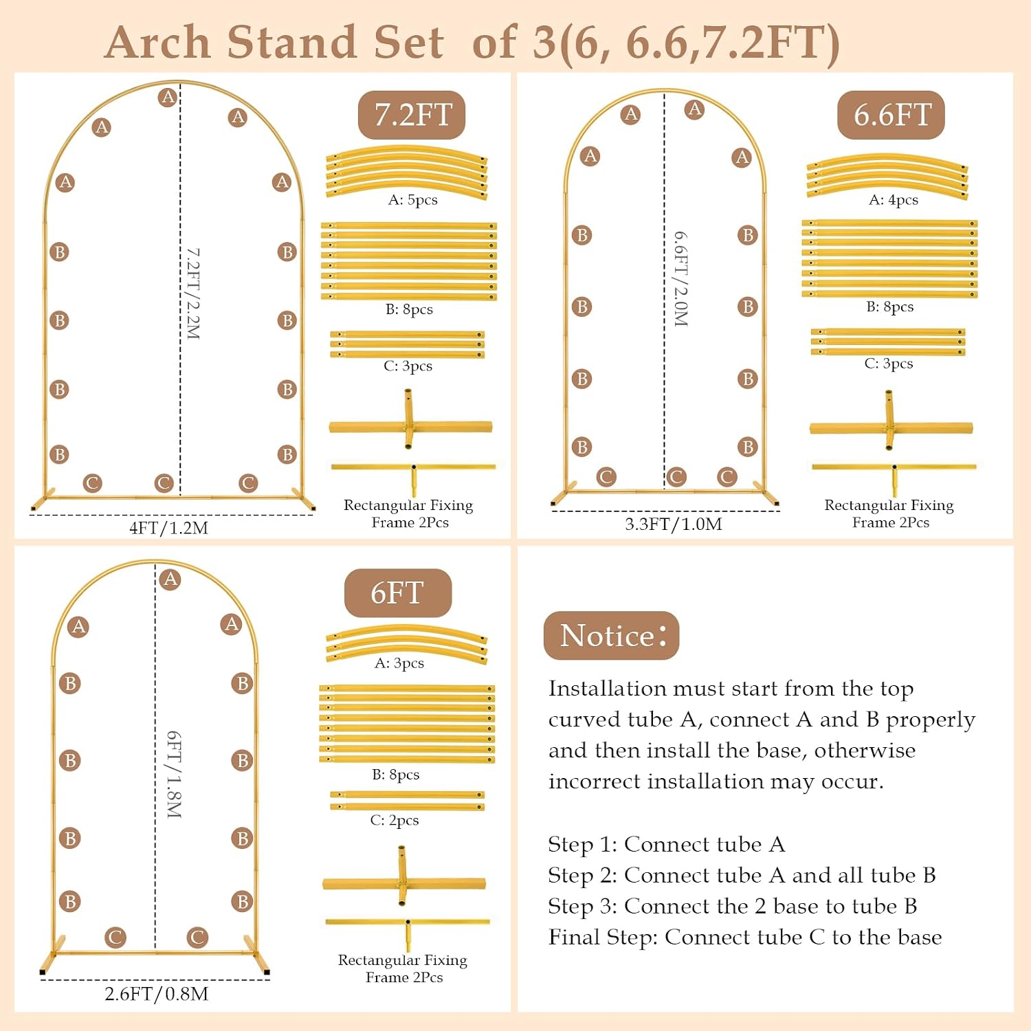 Metal Arch Backdrop Stand, 2 Sets of 3 - 6 Available Arches (7.2/6.6/6ft) - Image 5