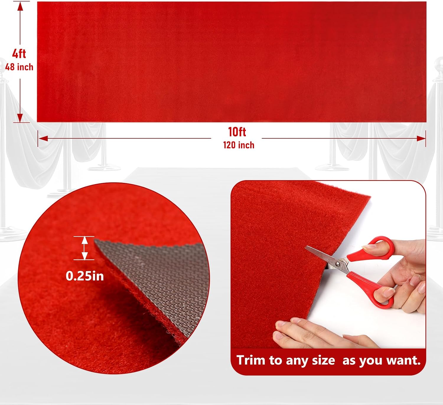 4ft x 10ft Extra Thick Red Carpet Runner for Party, Non-Slip TPR Rubber - Image 2