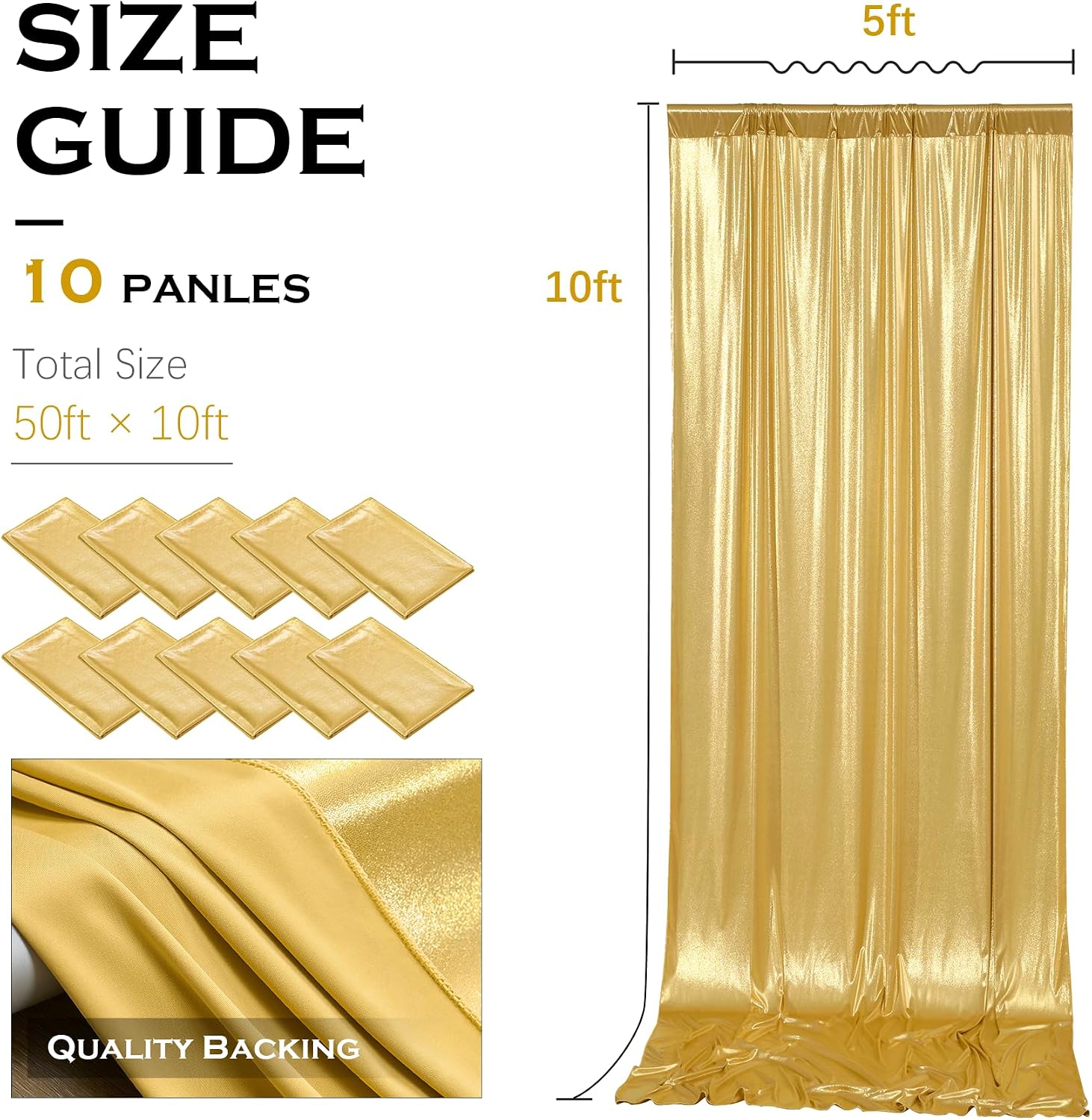 50x10FT Gold Sequin Backdrop Curtains Wrinkle Free Drapes | 10 Panels 5ft x 10ft Each - Image 3