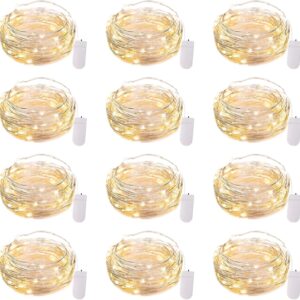 12 Pack 7ft Battery Operated LED Fairy Lights | 20 LED Bulbs, Warm White Glow, Waterproof, Flexible Silver Wire