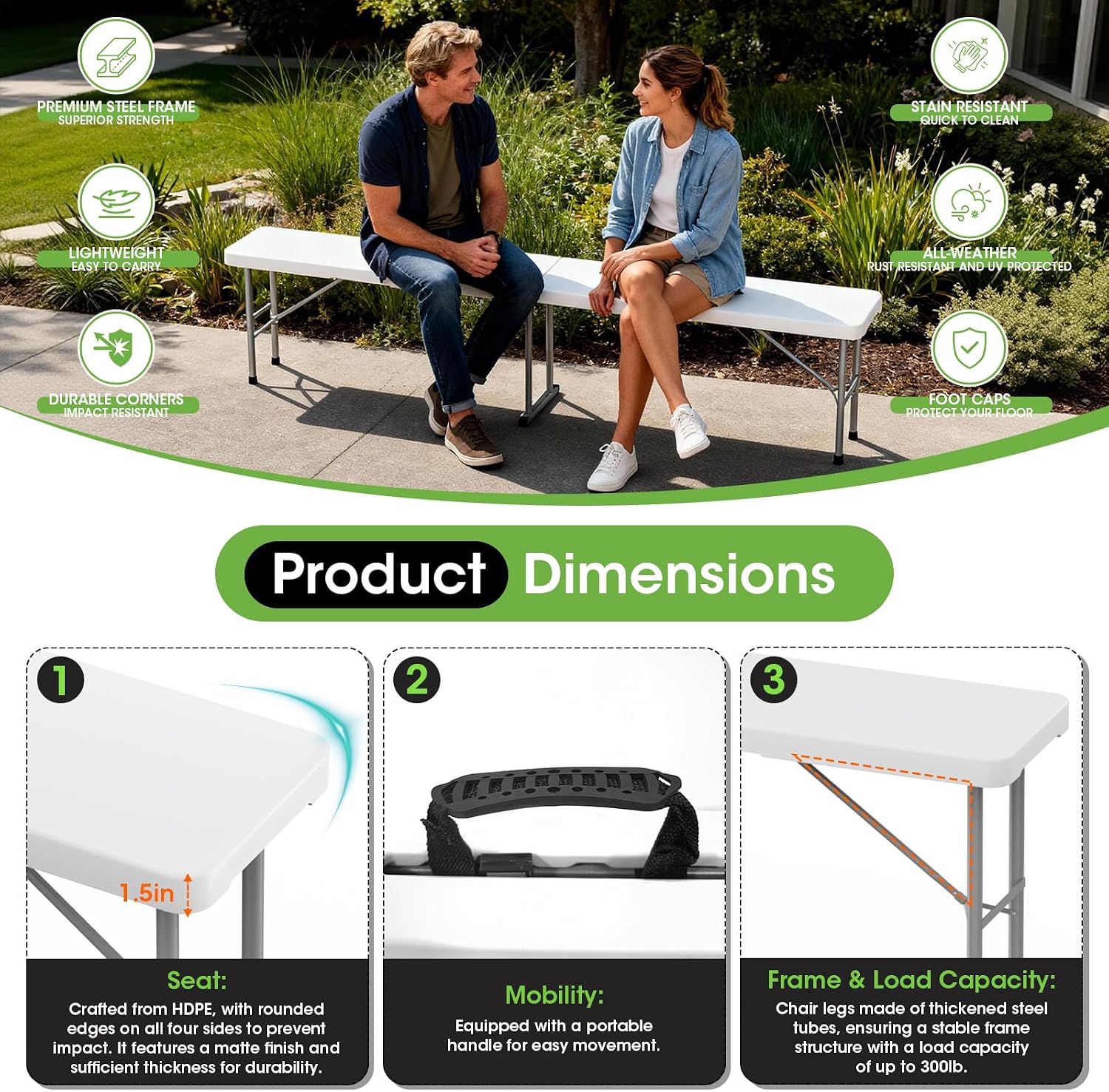 Folding Bench 6 ft, 2Pcs Foldable Plastic Bench with Handle - Image 3